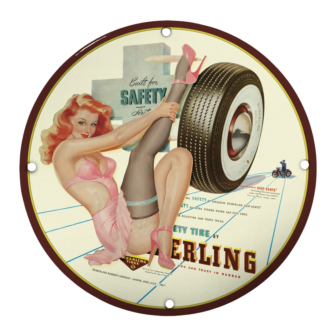 Vintage Porcelain Sign: Sterling Tire Safety with Alluring Pin-Up Art