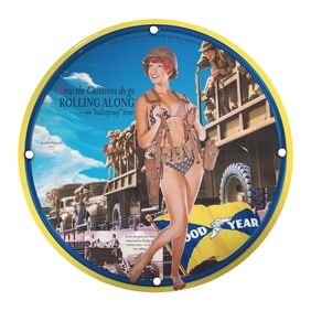 Vintage Goodyear Porcelain Sign Featuring Classic WWII Era Artwork