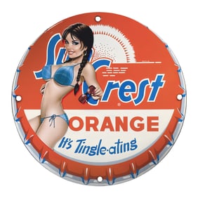 Vintage Sun Crest Orange Soda Porcelain Sign ? Eye-Catching 1950s Nostalgia