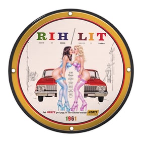 Vintage Hertz Porcelain Sign - Unique Retro Automotive Art Featuring Vibrant Pin-Up Girls