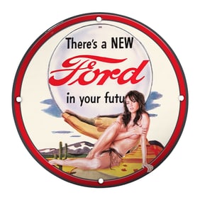 Vintage Ford Porcelain Sign: 'There's a NEW Ford in Your Future'