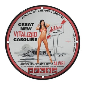 Vintage Ashland Oil Porcelain Sign: Great New Vitalized Gasoline Advertising Art