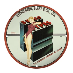 Vintage Porcelain Sign Featuring Pin-Up Girl & Typographical Elegance from 1935