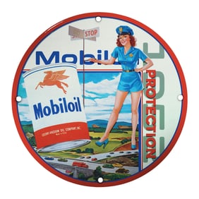 Vintage Mobil Oil Porcelain Sign with Retro Policewoman - Classic Americana Decor