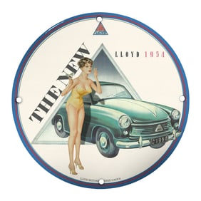 Vintage 1954 Lloyd Porcelain Sign with Classic Automobile & Glamorous Pin-Up