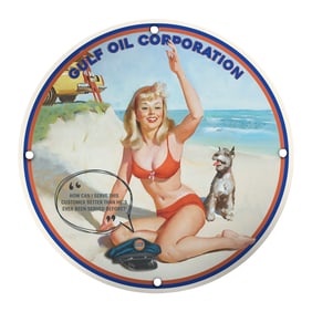Vintage Gulf Oil Corporation Porcelain Sign Featuring Beach Beauty and Dog