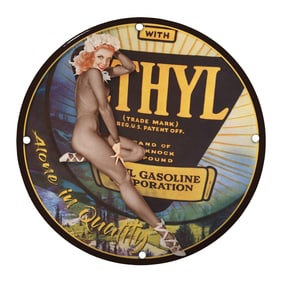 Vintage Ethyl Gasoline Porcelain Sign with Iconic Pin-Up Art for Collectors