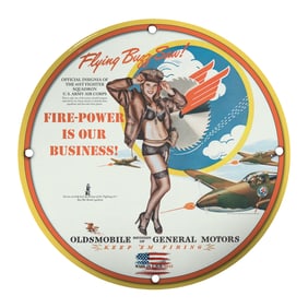 Vintage 1943 Oldsmobile Porcelain Sign - 'Fire-Power is Our Business!' Art Deco Style