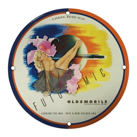 Vintage 1947 Oldsmobile Porcelain Sign: Futuramic Auto Nostalgia