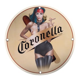 Vintage Coronella Porcelain Sign: Bold Pin-Up Artwork from 1950s