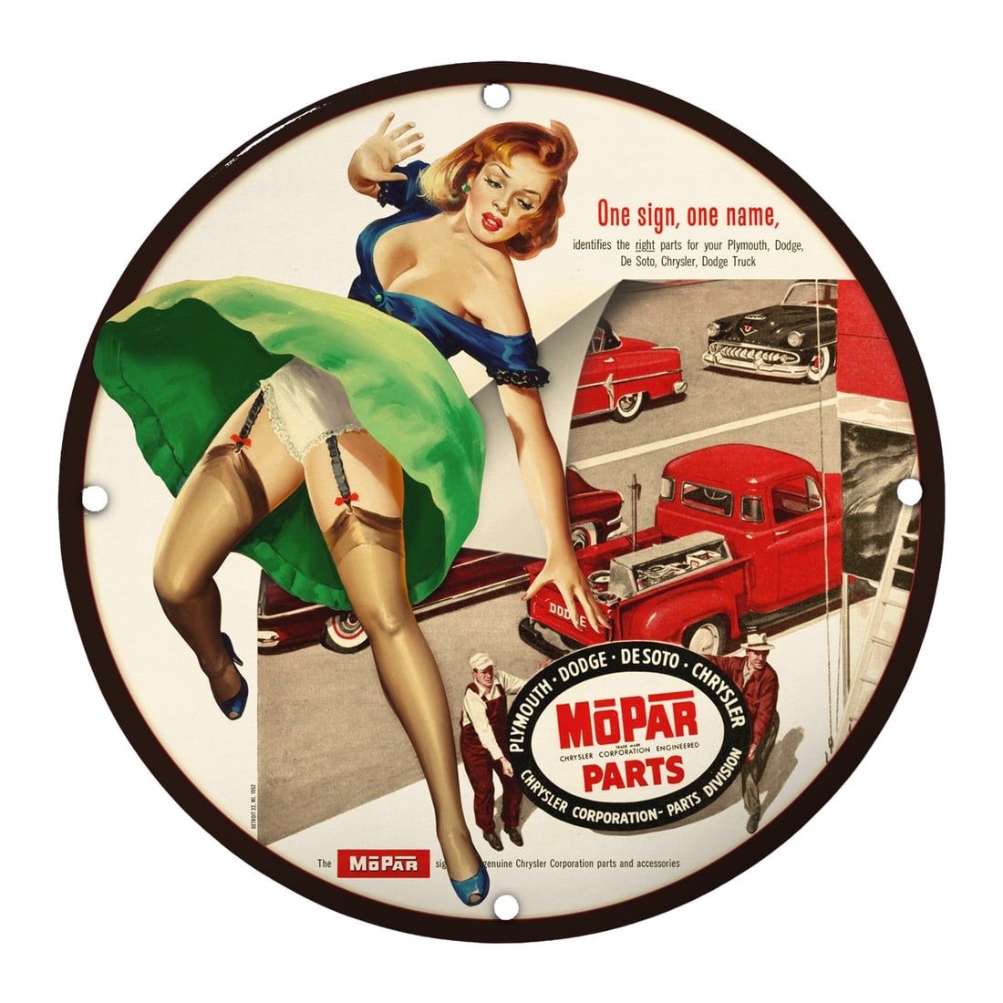 Vintage Mopar Parts Porcelain Sign - A Retro Automotive Collectible for Enthusiasts: This stunning vintage Mopar Parts porcelain sign is a true gem for automotive enthusiasts and collectors alike. Featuring a charming retro design, the sign showcases a classic pin-up girl alongside ic