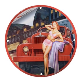 Vintage Mack Truck Porcelain Sign Art featuring Iconic Pin-Up Girl