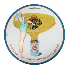 Vintage AC Spark Plug Oil Filter Porcelain Sign with Pin-Up Girl Art