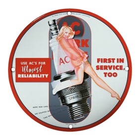 Vintage AC Spark Plug Porcelain Sign ? Utmost Reliability with Iconic Pin-Up Art
