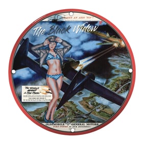 Vintage Porcelain Sign Art: The Black Widow - A Retro Aviation Elegance