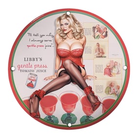 Vintage Libby's Gentle Press Tomato Juice Porcelain Sign - Classic Pin-Up Art
