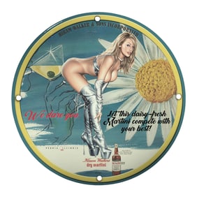 Vintage Hiram Walker Porcelain Sign: Daring Martini Elegance with a Twist