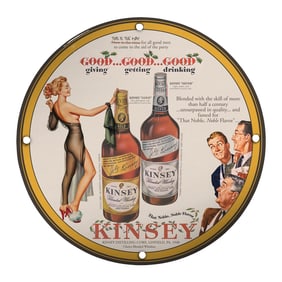 Vintage Kinsey Distilling Co. Porcelain Sign - Captivating Bar Decor