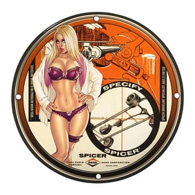 Vintage Spicer Porcelain Sign: Classic Automotive Artwork Featuring Femme Fatale