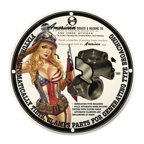 Vintage American Broach & Machine Co. Porcelain Sign Featuring Iconic Pin-Up Art