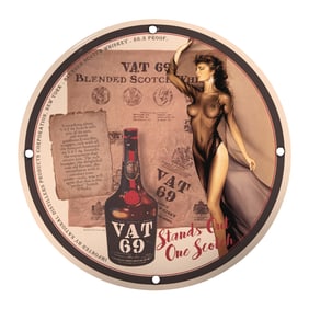 Vintage VAT 69 Blended Scotch Whiskey Porcelain Sign - Iconic Bar Decor