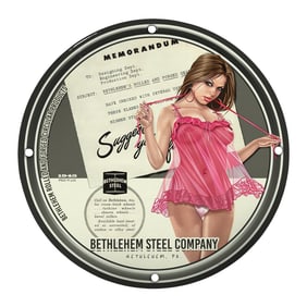 Vintage 1946 Bethlehem Steel Company Porcelain Sign with Pin-Up Art