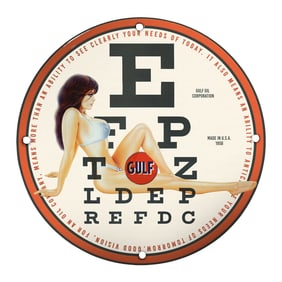 Vintage Gulf Oil Corporation Porcelain Sign with Iconic Pin-Up Artwork - 1958