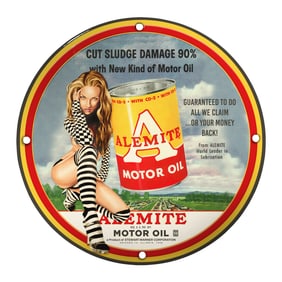 Vintage Alemit Motor Oil Porcelain Sign - Bold Graphics & Classic Advertising Art