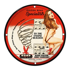 Vintage Burd Piston Ring Advertising Porcelain Sign with Iconic Pin-Up Art