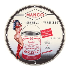 Vintage Manco Porcelain Sign - Superfine Paints, Enamels & Varnsishes with Pin-Up Art