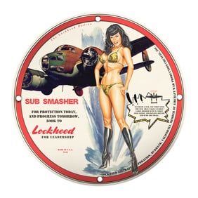 Vintage Lockheed Aircraft Porcelain Sign: Iconic 'Sub Smasher' Artwork from 1943