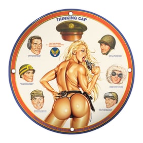 Vintage Porcelain Sign: Unique 'Thinking Cap' Military Recruitment Art