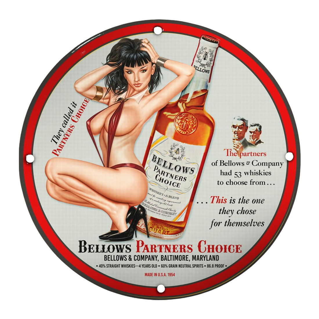 Vintage Bellows Partners Choice Porcelain Sign - Iconic Advertising Collectible: Step into the nostalgic world of mid-20th century advertising with this eye-catching vintage porcelain sign for Bellows Partners Choice whiskey. This exceptional piece showcases an alluring pin-up sty