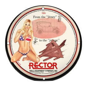 Vintage 1959 Rector Porcelain Sign: Celebrating Engineering from 'Jitney' to 'Jet Age'