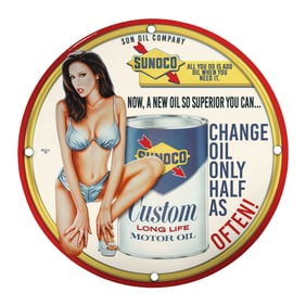 Vintage Sunoco Motor Oil Porcelain Sign with Stunning Pin-Up Artwork