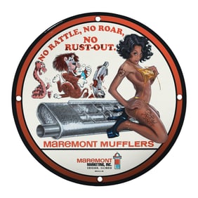 Vintage Maremont Mufflers Porcelain Sign: No Rattle, No Roar, No Rust-Out!