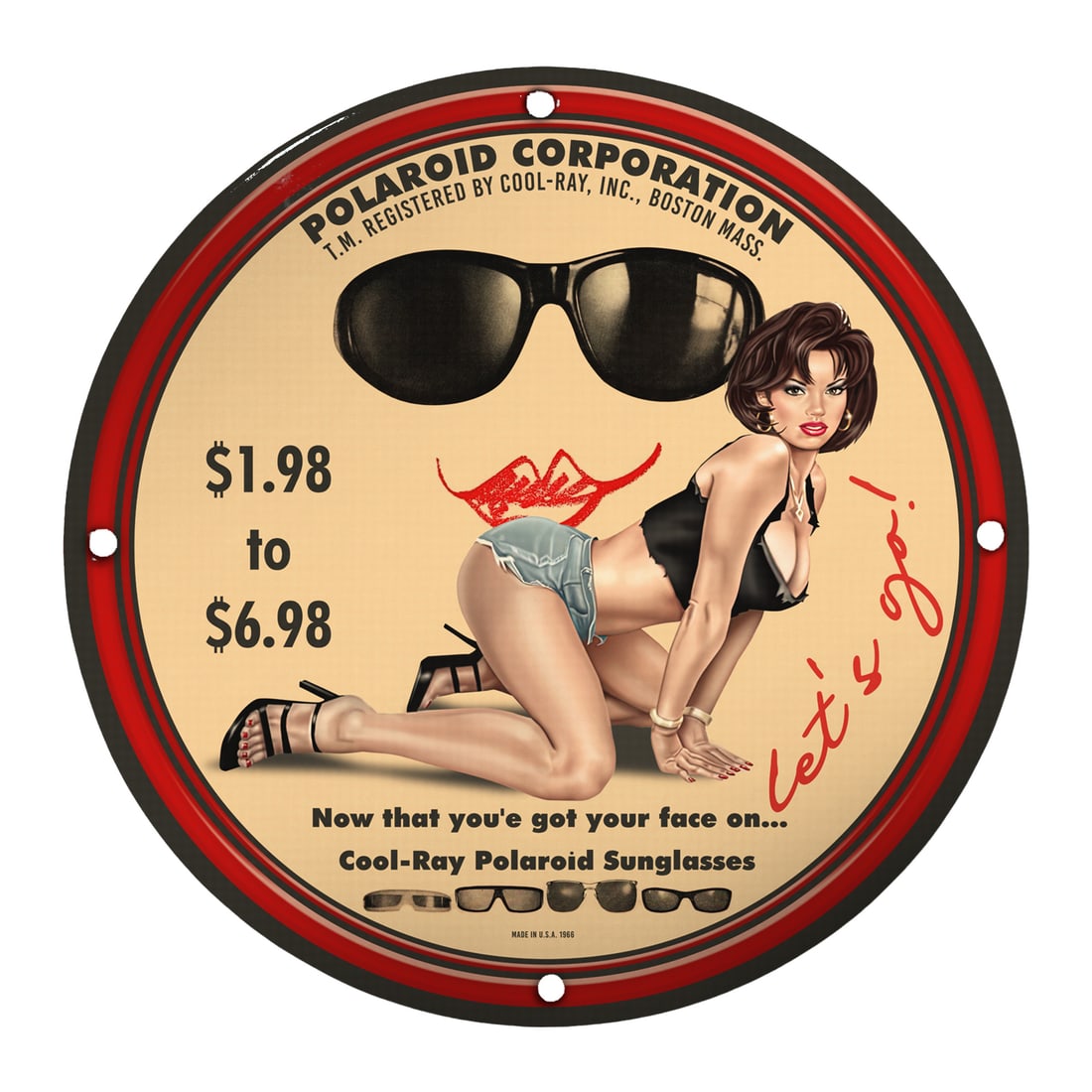 Vintage Polaroid Corporation Porcelain Sign - Cool-Ray Sunglasses Ad Art: Discover a unique piece of nostalgia with this vintage porcelain sign from the Polaroid Corporation, proudly registered by Cool-Ray, Inc. of Boston, Massachusetts. This stunning collectible piece show