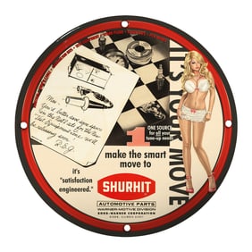 Vintage Shurhit Automotive Parts Porcelain Sign with Classic Pin-Up Design