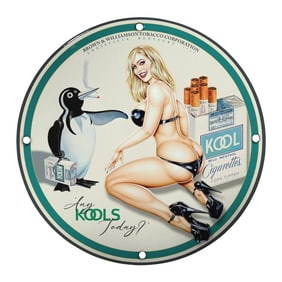Vintage Kool Cigarettes Porcelain Sign with Playful Art and Iconic Branding
