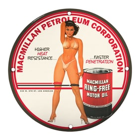 Vintage Macmillan Petroleum Corporation Porcelain Sign - Eye-Catching Pin-Up Art