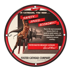 Vintage Foster Cathead Company Porcelain Sign - Safety, Speed, Economy in One!