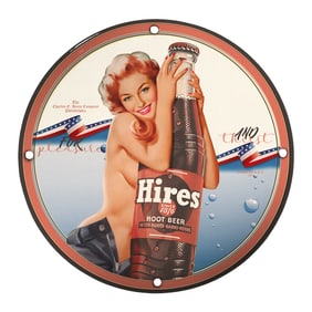 Vintage Hires Root Beer Porcelain Sign Featuring Nostalgic Pin-Up Art