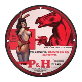 Vintage P&H Diesel Porcelain Sign: Iconic Horsepower Ad with Retro Charm