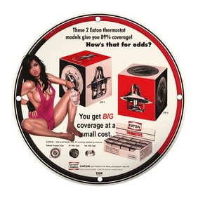 Vintage 1966 Eaton Thermostat Porcelain Sign - Unmatched Coverage & Classic Pin-Up Art