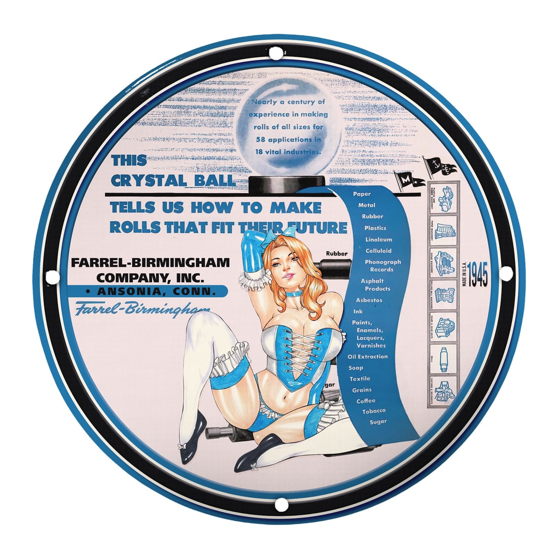 Vintage 1945 Farrel-Birmingham Co. Porcelain Sign - Crystal Ball Advertising Piece: Elevate your collection with this exquisite vintage porcelain sign from 1945, featuring the Farrel-Birmingham Company, Inc. based in Ansonia, Connecticut. This captivating advertising piece showcases 