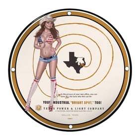 Vibrant 1967 Texas Power & Light Porcelain Sign with Iconic Cowgirl Art