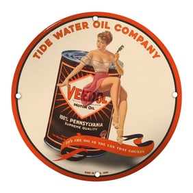 Vintage Tide Water Oil Company Porcelain Sign Featuring Iconic 'Veedol' Motor Oil Design