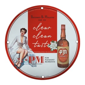 Vintage 1949 PM Blended Whiskey Porcelain Sign: Clear Clean Taste for Pleasant Moments