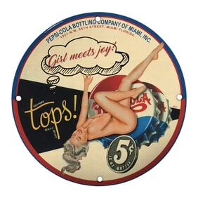Vintage Pepsi-Cola Porcelain Sign: 'Girl Meets Joy' Tops! Advertising Art