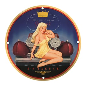 Vintage 1937 S.S. Jaguar Porcelain Sign - Glamorous Pin-Up Art Deco Style